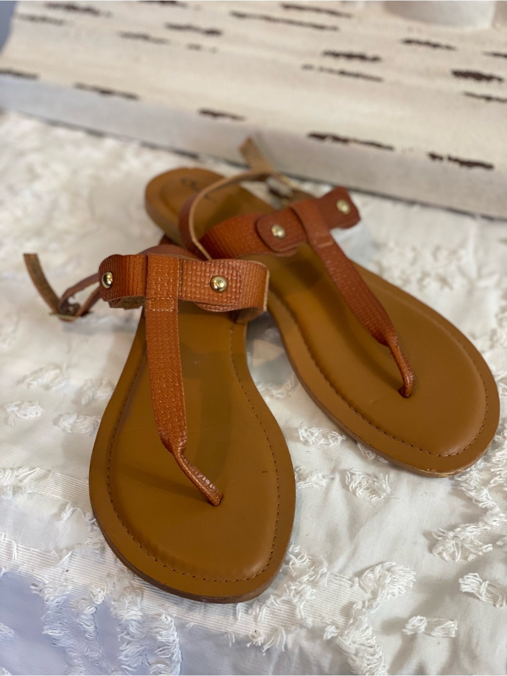 Curfew Brown T-Strap Sandals with Gold Stud Accents